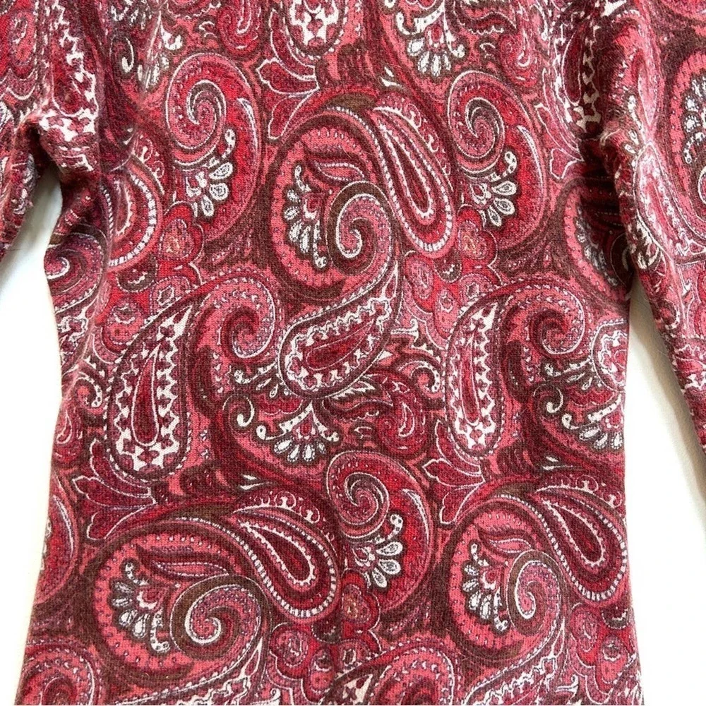 Tweeds Lambs Wool Angora Blend Red Pink Paisley 3/4 Sleeve Cardigan Size Small P
